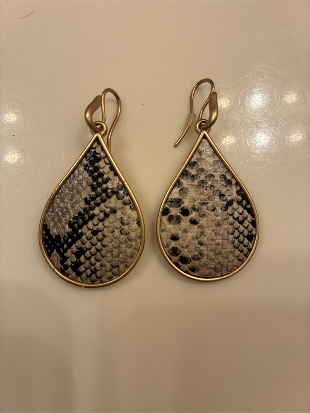 Gold Teardrop Snake Print Dangle Earrings - Women Costume Jewelry